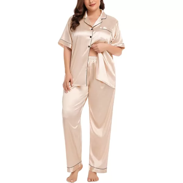 SWOMOG Womens Plus Size Pajamas Silk Satin Pajama Set Short Sleeve Shirt with FullLength Pants Pjs Sleepwear Set 18W26WChampagne