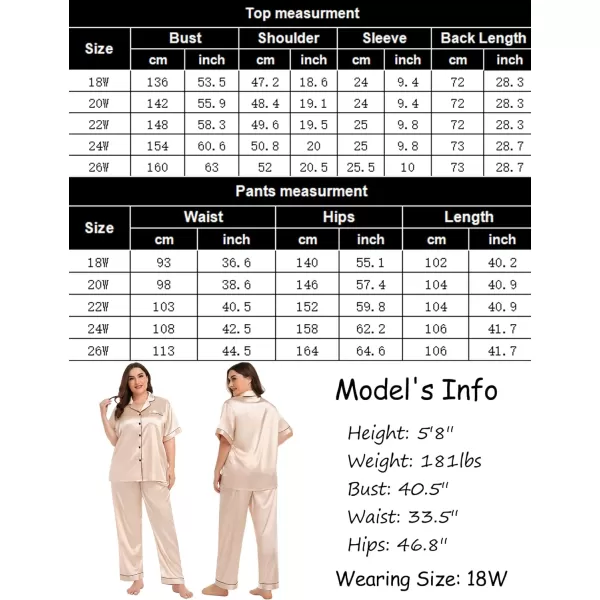 SWOMOG Womens Plus Size Pajamas Silk Satin Pajama Set Short Sleeve Shirt with FullLength Pants Pjs Sleepwear Set 18W26WChampagne