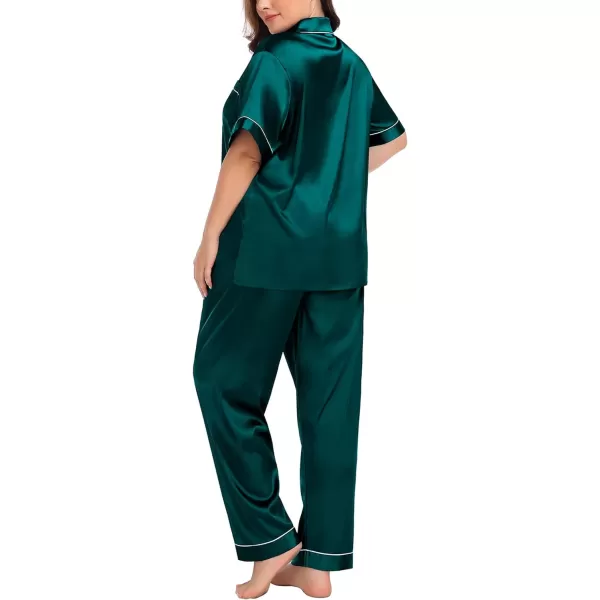 SWOMOG Womens Plus Size Pajamas Silk Satin Pajama Set Short Sleeve Shirt with FullLength Pants Pjs Sleepwear Set 18W26WDark Green