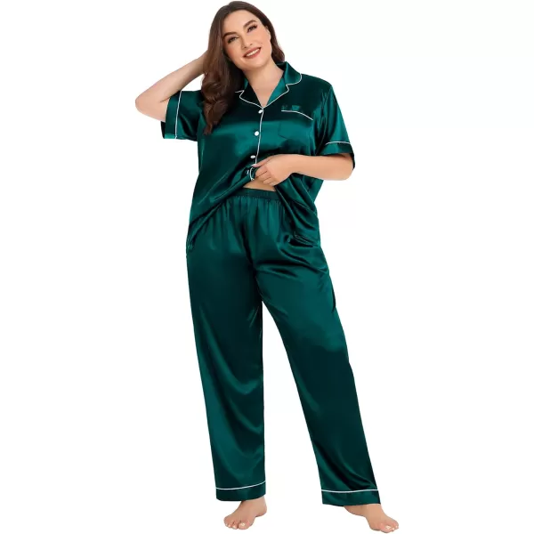 SWOMOG Womens Plus Size Pajamas Silk Satin Pajama Set Short Sleeve Shirt with FullLength Pants Pjs Sleepwear Set 18W26WDark Green