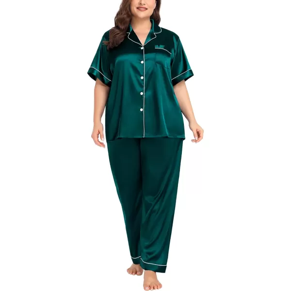 SWOMOG Womens Plus Size Pajamas Silk Satin Pajama Set Short Sleeve Shirt with FullLength Pants Pjs Sleepwear Set 18W26WDark Green