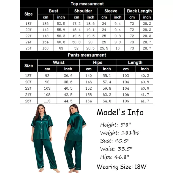 SWOMOG Womens Plus Size Pajamas Silk Satin Pajama Set Short Sleeve Shirt with FullLength Pants Pjs Sleepwear Set 18W26WDark Green