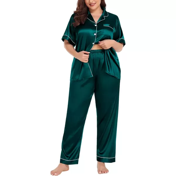 SWOMOG Womens Plus Size Pajamas Silk Satin Pajama Set Short Sleeve Shirt with FullLength Pants Pjs Sleepwear Set 18W26WDark Green