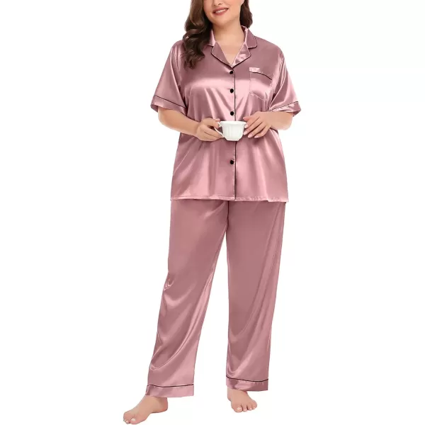 SWOMOG Womens Plus Size Pajamas Silk Satin Pajama Set Short Sleeve Shirt with FullLength Pants Pjs Sleepwear Set 18W26WMisty Rose