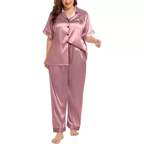 SWOMOG Womens Plus Size Pajamas Silk Satin Pajama Set Short Sleeve Shirt with FullLength Pants Pjs Sleepwear Set 18W26WMisty Rose