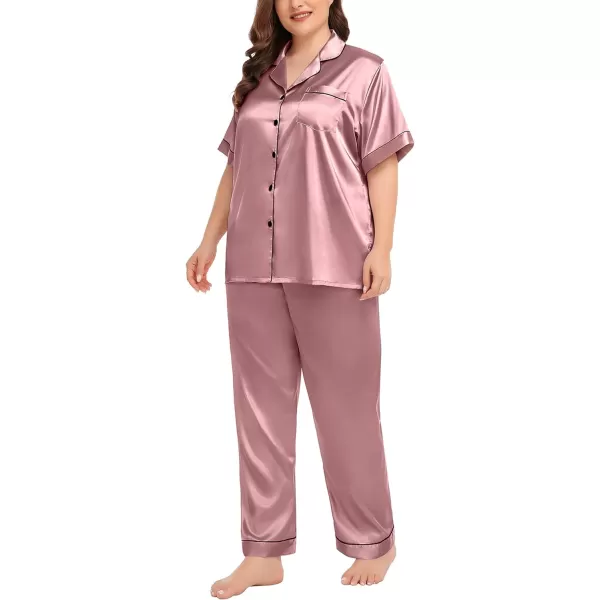 SWOMOG Womens Plus Size Pajamas Silk Satin Pajama Set Short Sleeve Shirt with FullLength Pants Pjs Sleepwear Set 18W26WMisty Rose