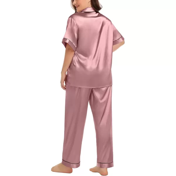 SWOMOG Womens Plus Size Pajamas Silk Satin Pajama Set Short Sleeve Shirt with FullLength Pants Pjs Sleepwear Set 18W26WMisty Rose