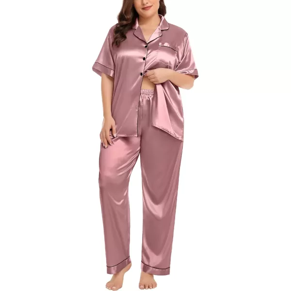 SWOMOG Womens Plus Size Pajamas Silk Satin Pajama Set Short Sleeve Shirt with FullLength Pants Pjs Sleepwear Set 18W26WMisty Rose