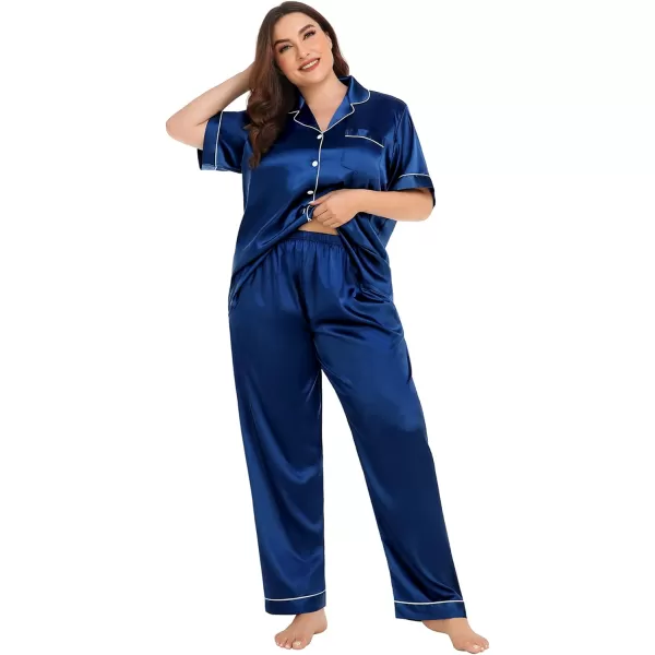 SWOMOG Womens Plus Size Pajamas Silk Satin Pajama Set Short Sleeve Shirt with FullLength Pants Pjs Sleepwear Set 18W26WNavy