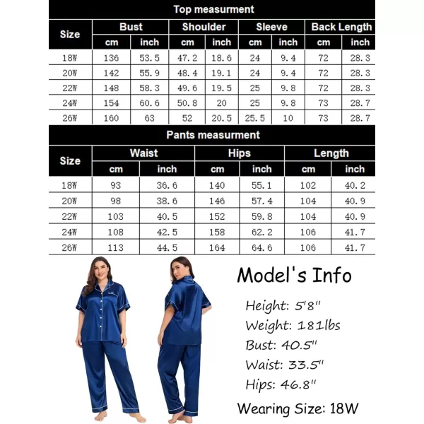 SWOMOG Womens Plus Size Pajamas Silk Satin Pajama Set Short Sleeve Shirt with FullLength Pants Pjs Sleepwear Set 18W26WNavy