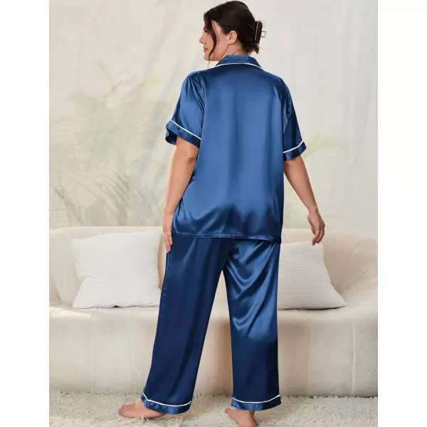 SWOMOG Womens Plus Size Pajamas Silk Satin Pajama Set Short Sleeve Shirt with FullLength Pants Pjs Sleepwear Set 18W26WNavy