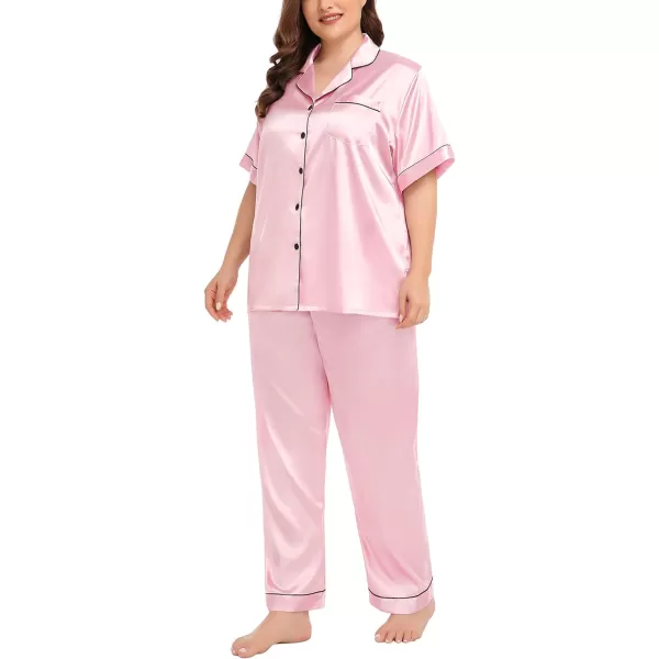 SWOMOG Womens Plus Size Pajamas Silk Satin Pajama Set Short Sleeve Shirt with FullLength Pants Pjs Sleepwear Set 18W26WPink