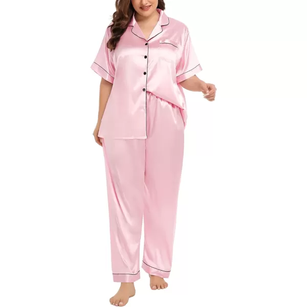 SWOMOG Womens Plus Size Pajamas Silk Satin Pajama Set Short Sleeve Shirt with FullLength Pants Pjs Sleepwear Set 18W26WPink