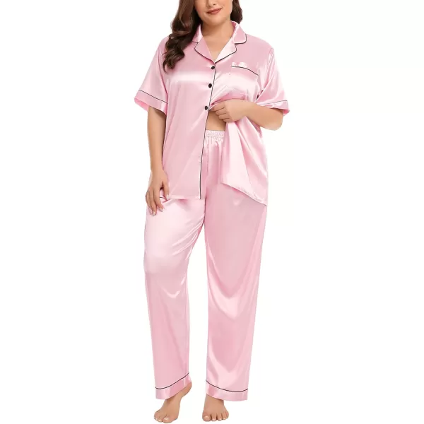 SWOMOG Womens Plus Size Pajamas Silk Satin Pajama Set Short Sleeve Shirt with FullLength Pants Pjs Sleepwear Set 18W26WPink