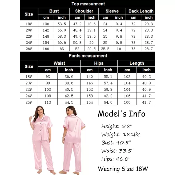 SWOMOG Womens Plus Size Pajamas Silk Satin Pajama Set Short Sleeve Shirt with FullLength Pants Pjs Sleepwear Set 18W26WPink