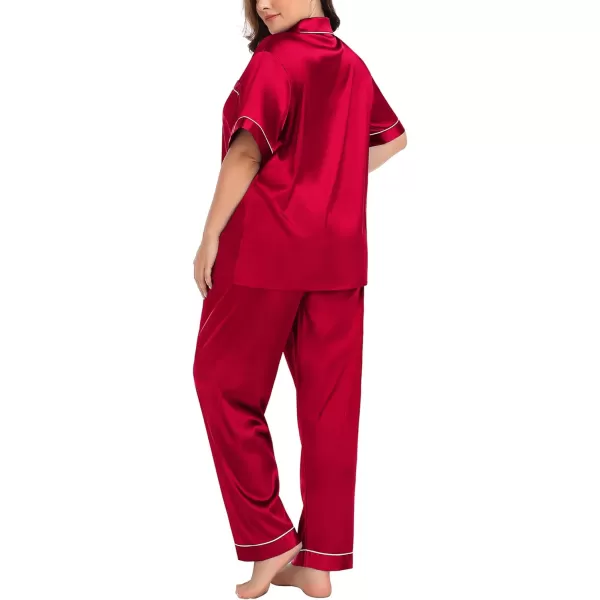 SWOMOG Womens Plus Size Pajamas Silk Satin Pajama Set Short Sleeve Shirt with FullLength Pants Pjs Sleepwear Set 18W26WRed