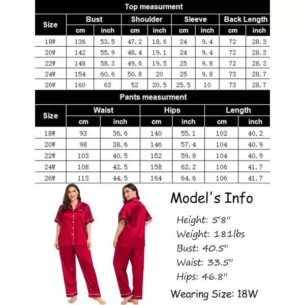 SWOMOG Womens Plus Size Pajamas Silk Satin Pajama Set Short Sleeve Shirt with FullLength Pants Pjs Sleepwear Set 18W26WRed