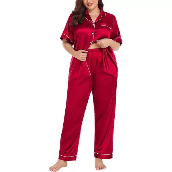 SWOMOG Womens Plus Size Pajamas Silk Satin Pajama Set Short Sleeve Shirt with FullLength Pants Pjs Sleepwear Set 18W26WRed