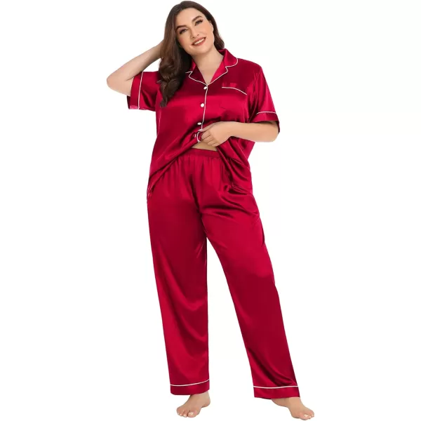 SWOMOG Womens Plus Size Pajamas Silk Satin Pajama Set Short Sleeve Shirt with FullLength Pants Pjs Sleepwear Set 18W26WRed