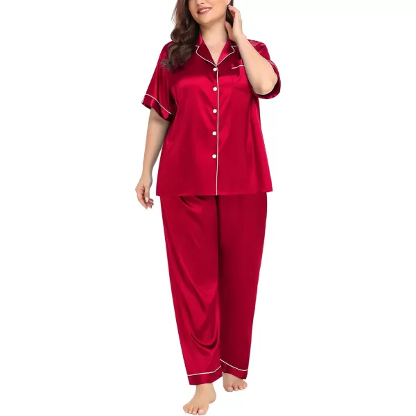 SWOMOG Womens Plus Size Pajamas Silk Satin Pajama Set Short Sleeve Shirt with FullLength Pants Pjs Sleepwear Set 18W26WRed