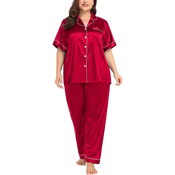 SWOMOG Womens Plus Size Pajamas Silk Satin Pajama Set Short Sleeve Shirt with FullLength Pants Pjs Sleepwear Set 18W26WRed