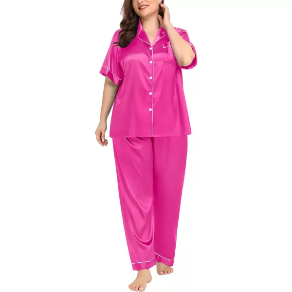 SWOMOG Womens Plus Size Pajamas Silk Satin Pajama Set Short Sleeve Shirt with FullLength Pants Pjs Sleepwear Set 18W26WRose Red