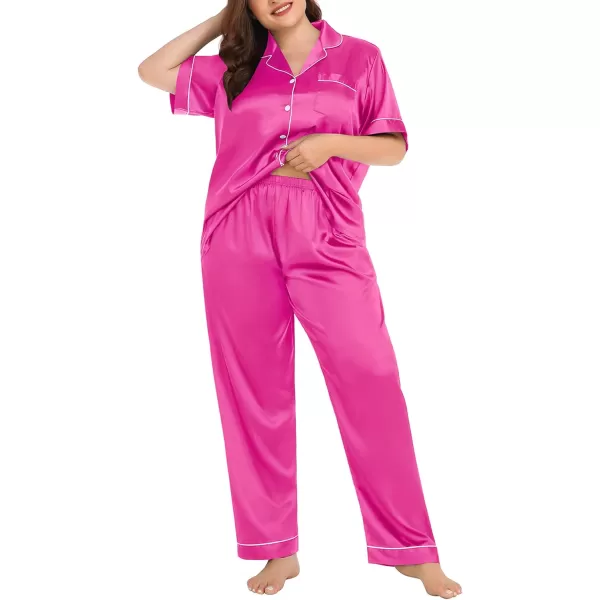 SWOMOG Womens Plus Size Pajamas Silk Satin Pajama Set Short Sleeve Shirt with FullLength Pants Pjs Sleepwear Set 18W26WRose Red