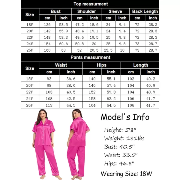 SWOMOG Womens Plus Size Pajamas Silk Satin Pajama Set Short Sleeve Shirt with FullLength Pants Pjs Sleepwear Set 18W26WRose Red