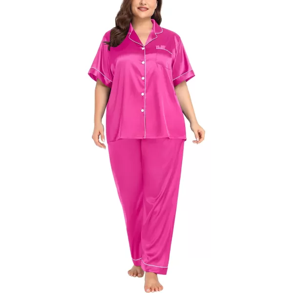 SWOMOG Womens Plus Size Pajamas Silk Satin Pajama Set Short Sleeve Shirt with FullLength Pants Pjs Sleepwear Set 18W26WRose Red