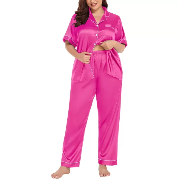 SWOMOG Womens Plus Size Pajamas Silk Satin Pajama Set Short Sleeve Shirt with FullLength Pants Pjs Sleepwear Set 18W26WRose Red