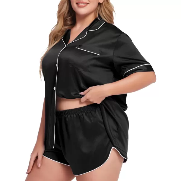 SWOMOG Womens Plus Size Satin Pajama Set Short Sleeve 2 piece Pj Sets Sleepwear Silk Button Down Loungewear Pjs Shorts SetBlack