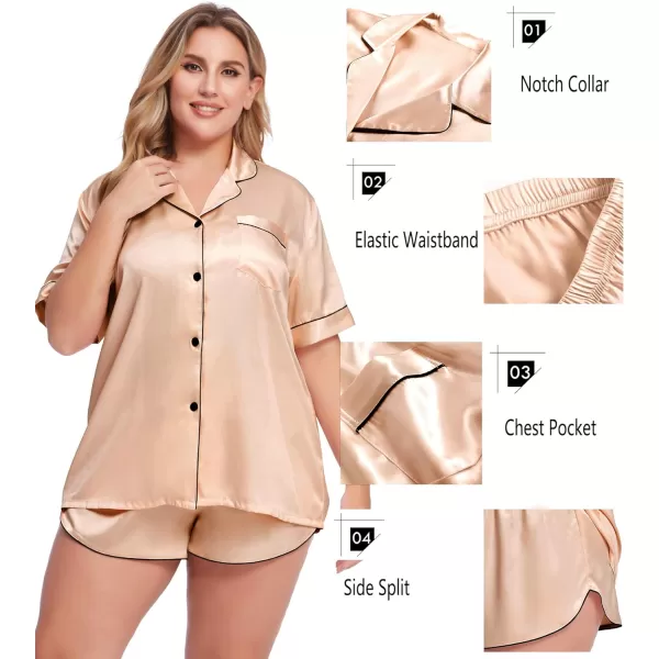 SWOMOG Womens Plus Size Satin Pajama Set Short Sleeve 2 piece Pj Sets Sleepwear Silk Button Down Loungewear Pjs Shorts SetChampagne