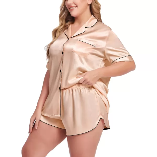 SWOMOG Womens Plus Size Satin Pajama Set Short Sleeve 2 piece Pj Sets Sleepwear Silk Button Down Loungewear Pjs Shorts SetChampagne