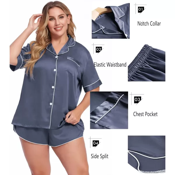 SWOMOG Womens Plus Size Satin Pajama Set Short Sleeve 2 piece Pj Sets Sleepwear Silk Button Down Loungewear Pjs Shorts SetDark Gary