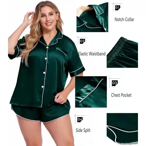 SWOMOG Womens Plus Size Satin Pajama Set Short Sleeve 2 piece Pj Sets Sleepwear Silk Button Down Loungewear Pjs Shorts SetDark Green