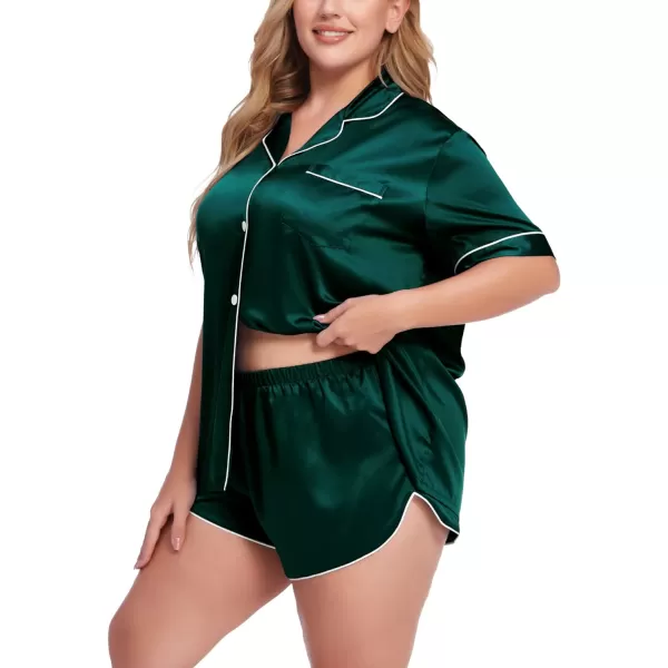 SWOMOG Womens Plus Size Satin Pajama Set Short Sleeve 2 piece Pj Sets Sleepwear Silk Button Down Loungewear Pjs Shorts SetDark Green