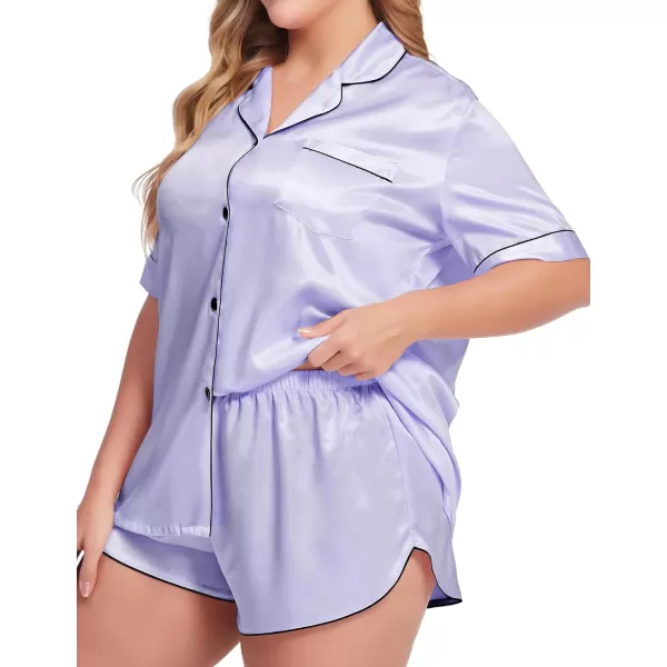 SWOMOG Womens Plus Size Satin Pajama Set Short Sleeve 2 piece Pj Sets Sleepwear Silk Button Down Loungewear Pjs Shorts SetLavender