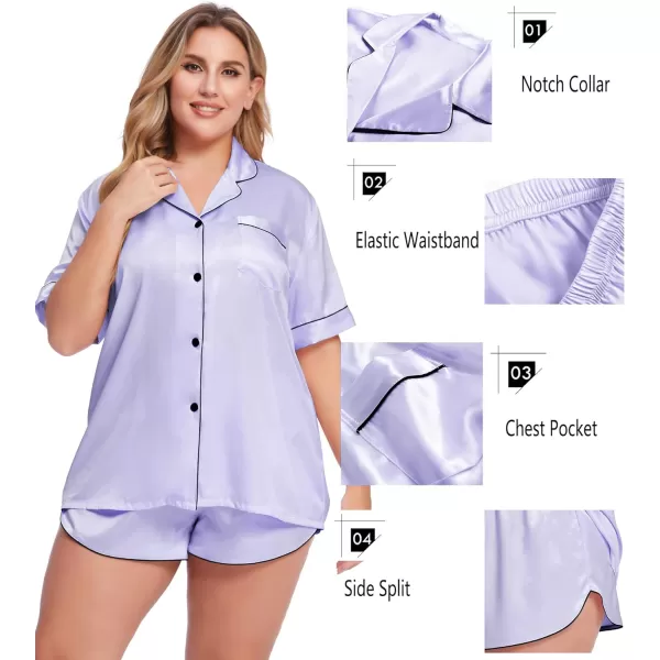 SWOMOG Womens Plus Size Satin Pajama Set Short Sleeve 2 piece Pj Sets Sleepwear Silk Button Down Loungewear Pjs Shorts SetLavender