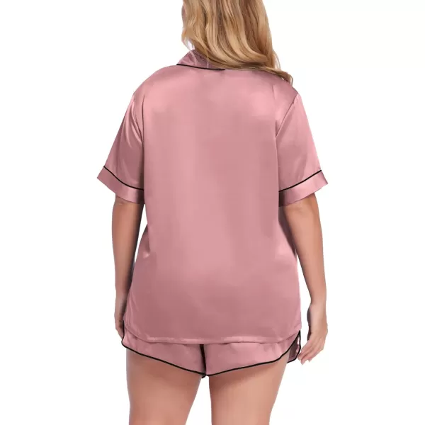 SWOMOG Womens Plus Size Satin Pajama Set Short Sleeve 2 piece Pj Sets Sleepwear Silk Button Down Loungewear Pjs Shorts SetMisty Rose