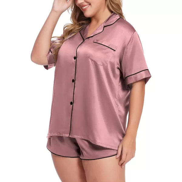 SWOMOG Womens Plus Size Satin Pajama Set Short Sleeve 2 piece Pj Sets Sleepwear Silk Button Down Loungewear Pjs Shorts SetMisty Rose