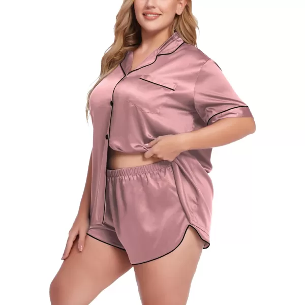 SWOMOG Womens Plus Size Satin Pajama Set Short Sleeve 2 piece Pj Sets Sleepwear Silk Button Down Loungewear Pjs Shorts SetMisty Rose