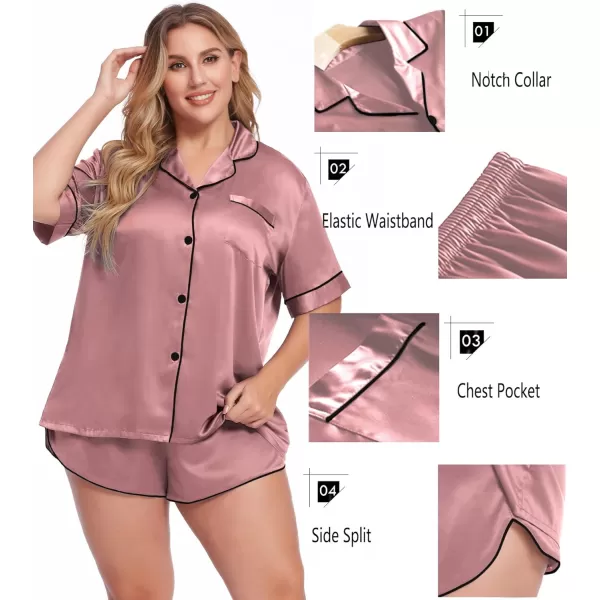 SWOMOG Womens Plus Size Satin Pajama Set Short Sleeve 2 piece Pj Sets Sleepwear Silk Button Down Loungewear Pjs Shorts SetMisty Rose