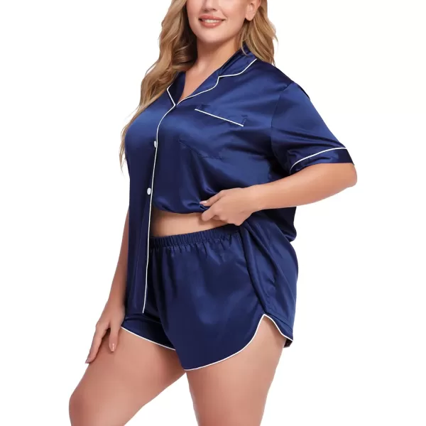 SWOMOG Womens Plus Size Satin Pajama Set Short Sleeve 2 piece Pj Sets Sleepwear Silk Button Down Loungewear Pjs Shorts SetNavy Blue