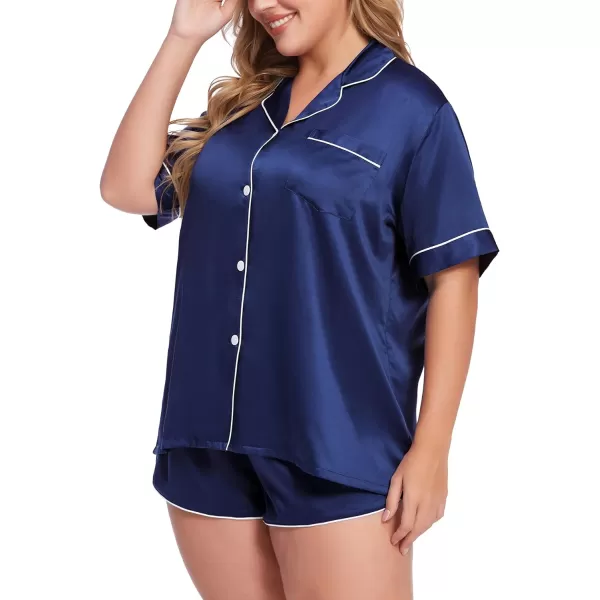 SWOMOG Womens Plus Size Satin Pajama Set Short Sleeve 2 piece Pj Sets Sleepwear Silk Button Down Loungewear Pjs Shorts SetNavy Blue