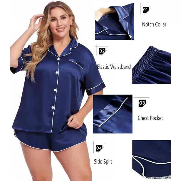 SWOMOG Womens Plus Size Satin Pajama Set Short Sleeve 2 piece Pj Sets Sleepwear Silk Button Down Loungewear Pjs Shorts SetNavy Blue