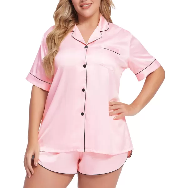 SWOMOG Womens Plus Size Satin Pajama Set Short Sleeve 2 piece Pj Sets Sleepwear Silk Button Down Loungewear Pjs Shorts SetPink