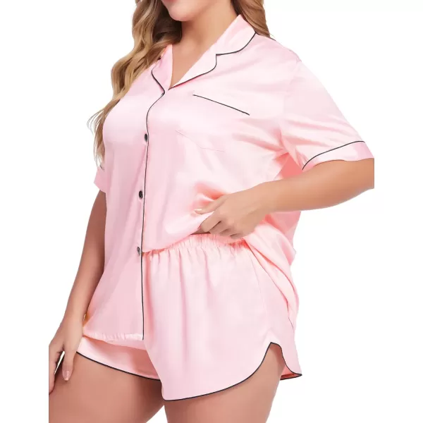 SWOMOG Womens Plus Size Satin Pajama Set Short Sleeve 2 piece Pj Sets Sleepwear Silk Button Down Loungewear Pjs Shorts SetPink