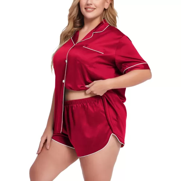 SWOMOG Womens Plus Size Satin Pajama Set Short Sleeve 2 piece Pj Sets Sleepwear Silk Button Down Loungewear Pjs Shorts SetRed