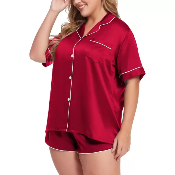 SWOMOG Womens Plus Size Satin Pajama Set Short Sleeve 2 piece Pj Sets Sleepwear Silk Button Down Loungewear Pjs Shorts SetRed