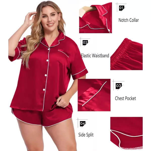 SWOMOG Womens Plus Size Satin Pajama Set Short Sleeve 2 piece Pj Sets Sleepwear Silk Button Down Loungewear Pjs Shorts SetRed